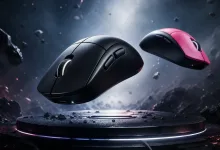 Two gaming mice, one black and one pink with black accents, hovering above a circular display platform.