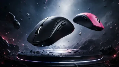 Two gaming mice, one black and one pink with black accents, hovering above a circular display platform.