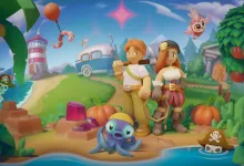 Luma Island characters stand beside a small Luma companion on a colorful island with crops, trees, a lighthouse, and a caravan.