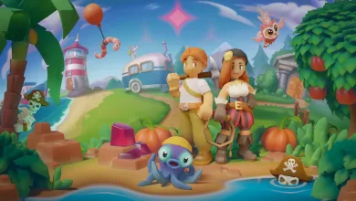 Luma Island characters stand beside a small Luma companion on a colorful island with crops, trees, a lighthouse, and a caravan.
