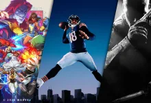 Madden NFL 27 football player flanked by MARVEL Tōkon: Fighting Souls characters and a grayscale shooter character in a three-panel game artwork collage