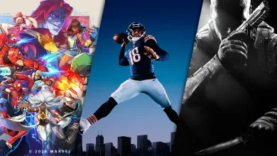 Madden NFL 27 football player flanked by MARVEL Tōkon: Fighting Souls characters and a grayscale shooter character in a three-panel game artwork collage
