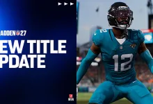 Madden NFL 27 title update graphic beside an NFL player in a teal uniform on the field
