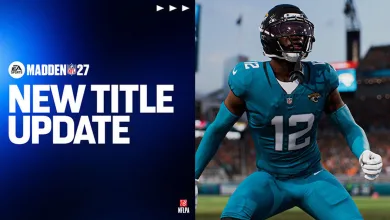 Madden NFL 27 title update graphic beside an NFL player in a teal uniform on the field