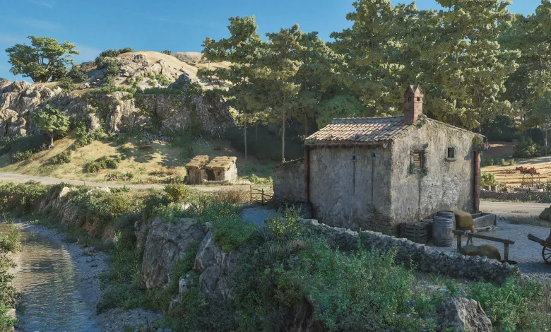 A sunlit countryside landscape with a stone house, stream, rocky hills, and trees in Mafia: The Old Country.