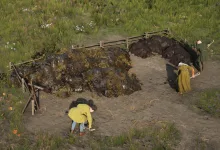 Workers tend a field beside a large dung pile in Manor Lords