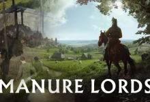 Official Manor Lords artwork showing a mounted lord overlooking a medieval village and surrounding fields