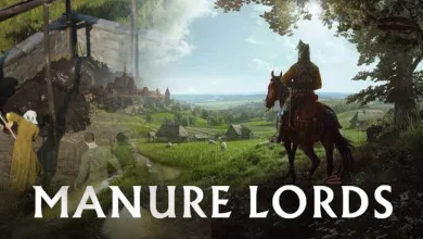 Official Manor Lords artwork showing a mounted lord overlooking a medieval village and surrounding fields