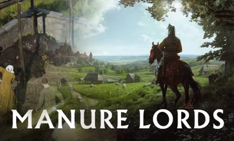 Official Manor Lords artwork showing a mounted lord overlooking a medieval village and surrounding fields