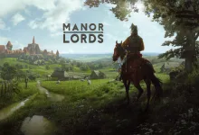 A mounted medieval lord overlooks a village and fields in Manor Lords