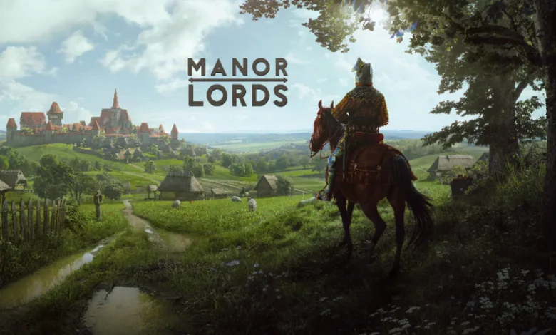 A mounted medieval lord overlooks a village and fields in Manor Lords