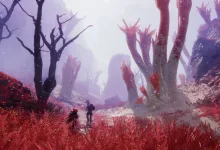 Two Marathon runners move through a red alien landscape filled with unusual vegetation