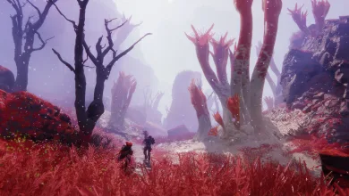 Two Marathon runners move through a red alien landscape filled with unusual vegetation