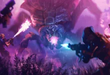 Marathon players fire weapons at a large alien creature in a purple-lit environment