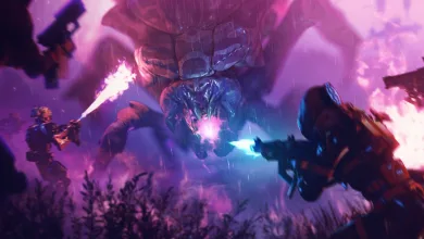 Marathon players fire weapons at a large alien creature in a purple-lit environment