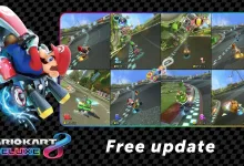 Mario Kart 8 Deluxe artwork beside a montage of split-screen race views from the free update.