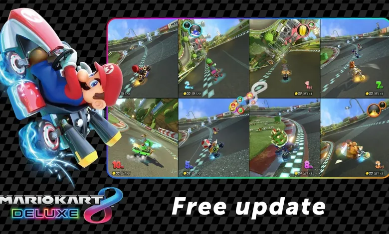 Mario Kart 8 Deluxe artwork beside a montage of split-screen race views from the free update.
