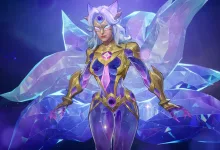 Marvel Rivals hero wearing crystalline purple and gold armor with large crystal formations behind her