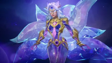Marvel Rivals hero wearing crystalline purple and gold armor with large crystal formations behind her