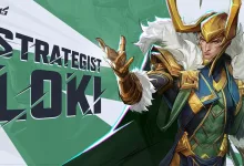 Loki in Marvel Rivals artwork wearing gold horns, blue-and-gold armor, and a white fur-trimmed cloak