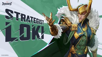 Loki in Marvel Rivals artwork wearing gold horns, blue-and-gold armor, and a white fur-trimmed cloak