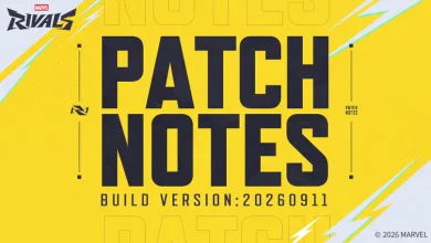Yellow Marvel Rivals patch-notes graphic showing build version 20260911