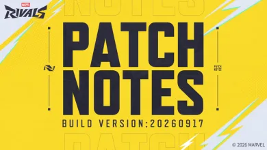 Yellow Marvel Rivals graphic showing Patch Notes and build version 20260917