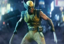 Wolverine stands in a city at night with his claws extended