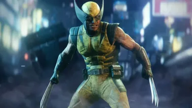 Wolverine stands in a city at night with his claws extended