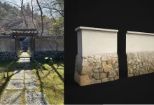 A Japanese stone wall and gate beside a 3D scan of the wall prepared as a reusable game asset
