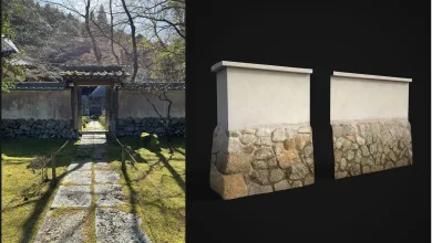 A Japanese stone wall and gate beside a 3D scan of the wall prepared as a reusable game asset