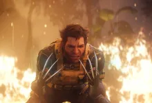 Logan crouches with his claws extended amid flames in Marvel's Wolverine.