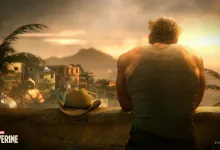 Logan sits shirtless on a balcony overlooking a tropical settlement at sunset in Marvel's Wolverine.
