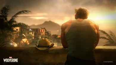 Logan sits shirtless on a balcony overlooking a tropical settlement at sunset in Marvel's Wolverine.