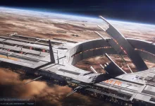 A large futuristic orbital station hangs above a planet in Mass Effect teaser artwork.