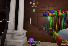 First-person Meccha Chameleon gameplay in a room with white columns, colorful hanging decorations, and a green voice chat microphone indicator in the HUD.