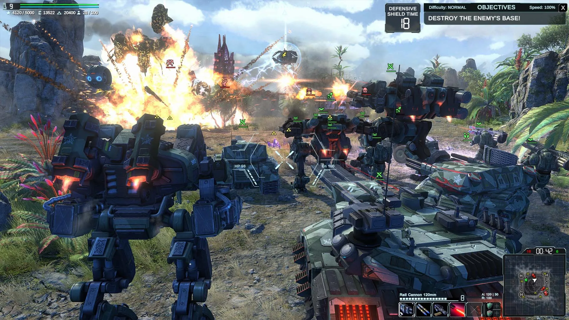 Mechs, armored vehicles, and aircraft fighting across a tropical battlefield