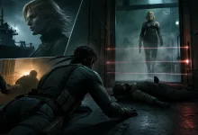 A stealth soldier crawls through a smoke-filled tanker corridor while a blonde woman stands behind glass and red laser sensors glow.