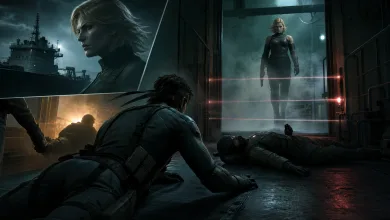 A stealth soldier crawls through a smoke-filled tanker corridor while a blonde woman stands behind glass and red laser sensors glow.
