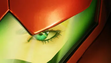 Close-up of Samus's eye beneath her red helmet in Metroid Ravenous