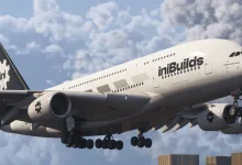 An Airbus A380 airliner flies against a cloudy sky in Microsoft Flight Simulator 2024.