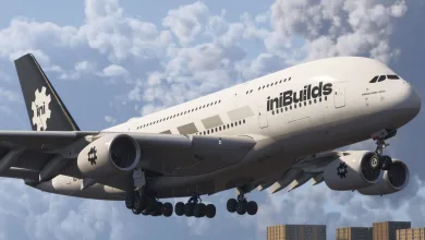 An Airbus A380 airliner flies against a cloudy sky in Microsoft Flight Simulator 2024.