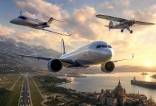A commercial jet flies over a coastal airport runway while two smaller aircraft pass above, with mountains and a harbor in the background.