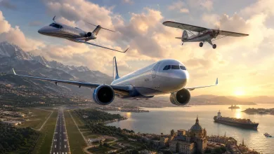 A commercial jet flies over a coastal airport runway while two smaller aircraft pass above, with mountains and a harbor in the background.