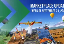 Microsoft Flight Simulator 2024 Marketplace Update graphic for the week of September 21, 2026, showing aircraft, water activities, landscapes, and hot-air balloons.