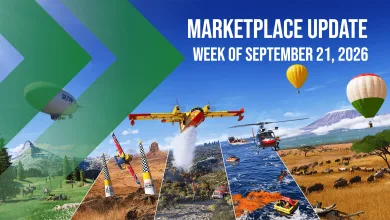 Microsoft Flight Simulator 2024 Marketplace Update graphic for the week of September 21, 2026, showing aircraft, water activities, landscapes, and hot-air balloons.