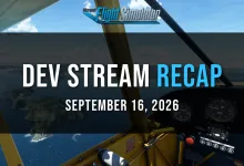 Cockpit view from a Microsoft Flight Simulator 2024 developer stream with the official September 16, 2026 developer stream recap title card