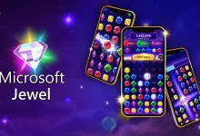 Promotional image for Microsoft Jewel showing colorful jewel-matching gameplay on three smartphones against a purple background.