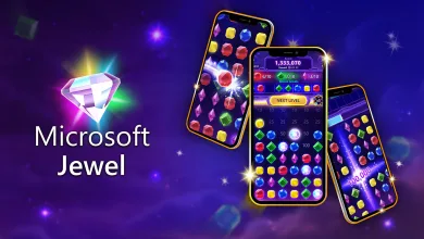 Promotional image for Microsoft Jewel showing colorful jewel-matching gameplay on three smartphones against a purple background.