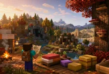 Minecraft-style autumn forest camp with colorful trees, a bed, hay bales, water, and a player character